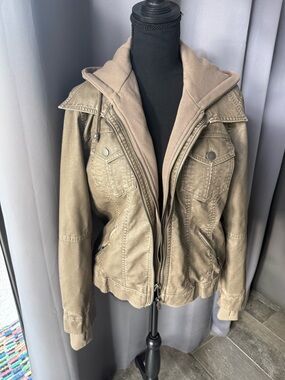 Womens Taupe Hooded Faux-Leather Jacket with Knit Lining